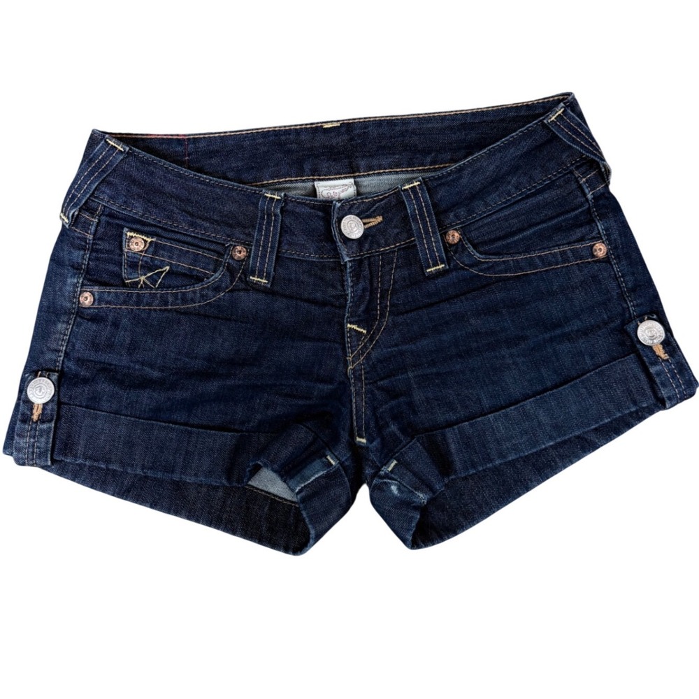 True Religion Joey Dark Wash Denim Cut Off Shorts Cuffed Low Rise Women 27 USA
